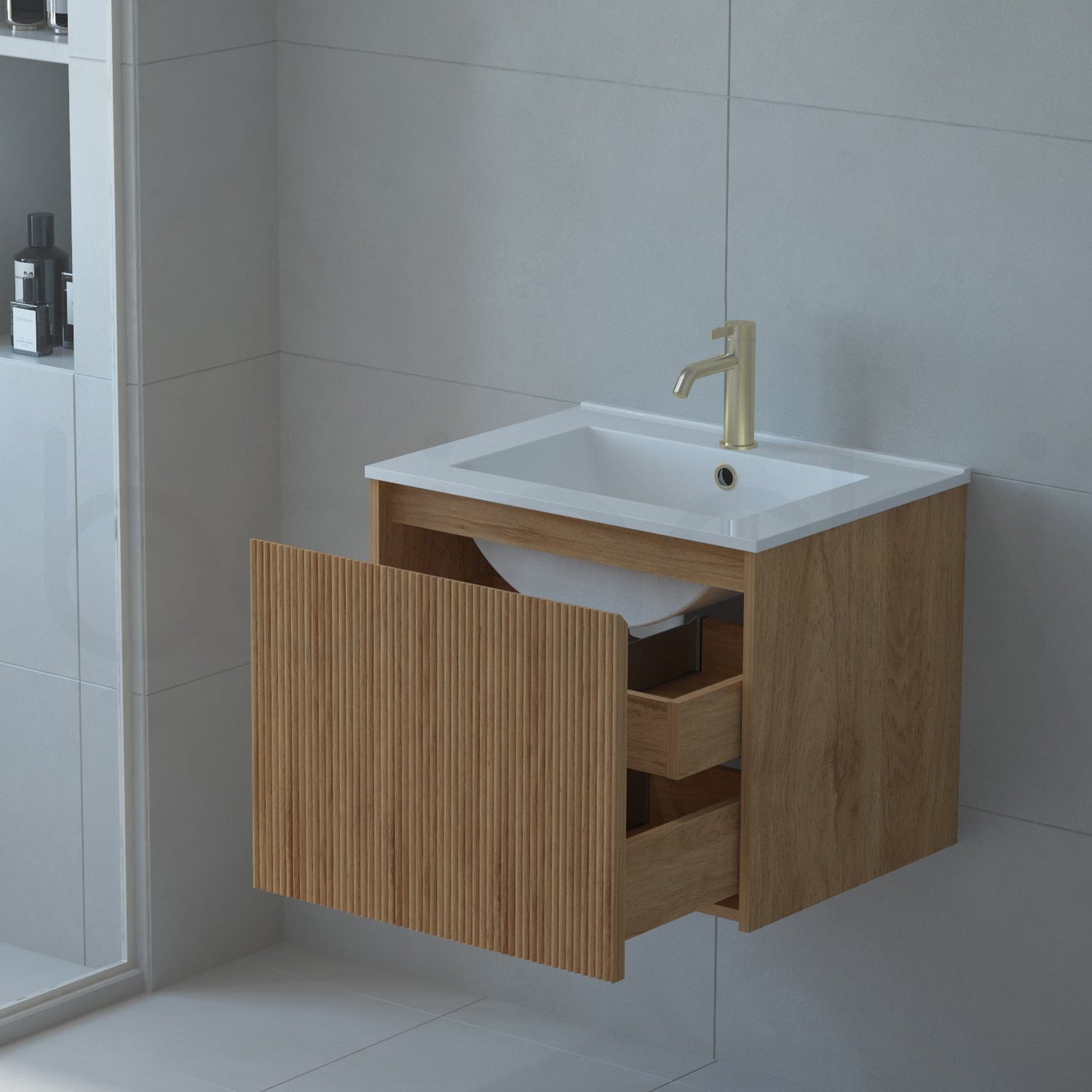 Baiachi Clermont 600 Fluted Timber Bathroom Vanity Wall Hung White Stone Undercounter Basin