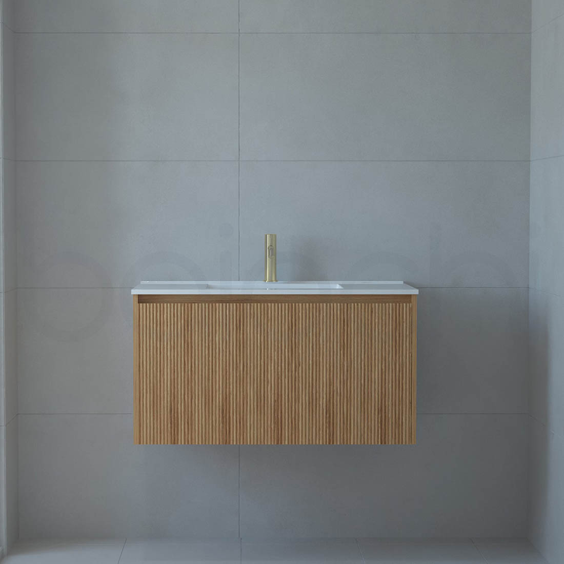Baiachi Clermont 900 Fluted Timber Bathroom Vanity Wall Hung White Stone Undercounter Basin