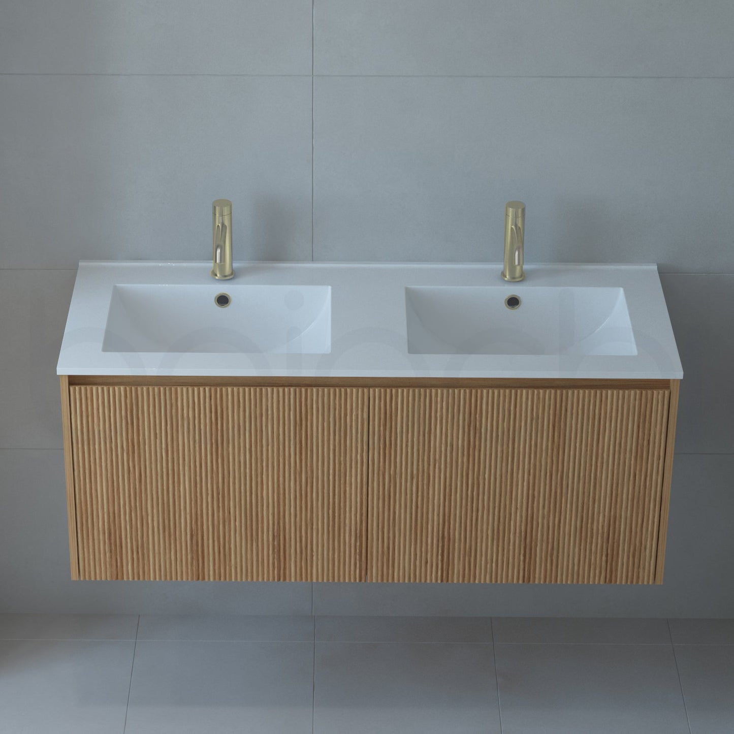 Baiachi Clermont 1200 Fluted Timber Bathroom Vanity Wall Hung Calacatta Stone Double Undercounter Basin