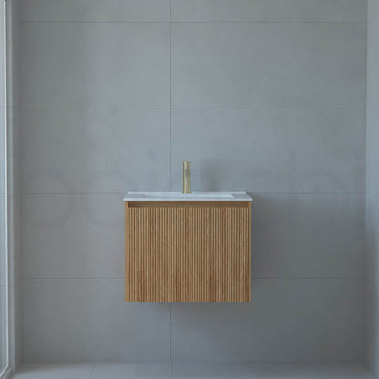 Baiachi Clermont 600 Fluted Timber Bathroom Vanity Wall Hung White Stone Undercounter Basin