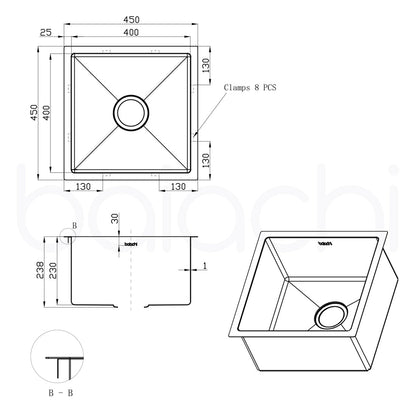 Baiachi 450x450 Handmade Kitchen and Laundry Stainless Steel Sink Single Bowl Top Undermount Antique Brass