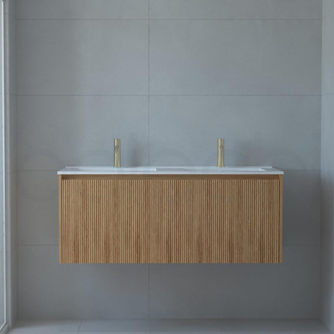 Baiachi Clermont 1200 Fluted Timber Bathroom Vanity Wall Hung White Stone Double Undercounter Basin