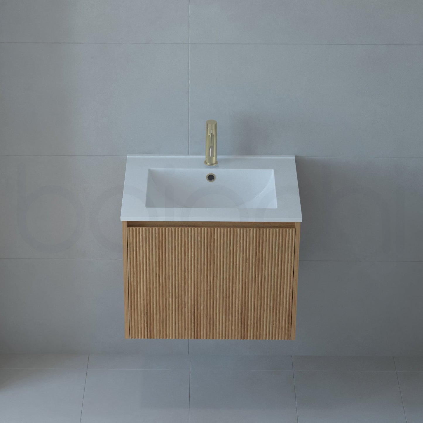 Baiachi Clermont 600 Fluted Timber Bathroom Vanity Wall Hung Calacatta Stone Undercounter Basin