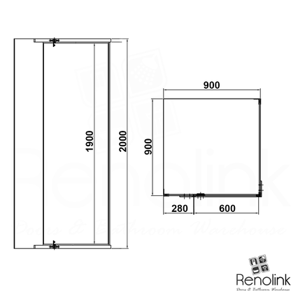 Frameless Shower Screen 900x900mm Square Brushed Nickel