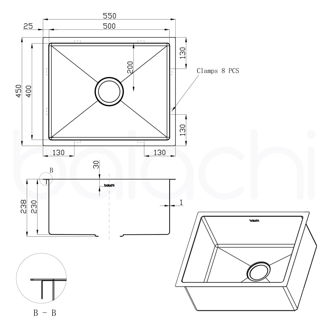 Baiachi 550x450 Handmade Kitchen and Laundry Stainless Steel Sink Single Bowl Top Undermount Gun Metal