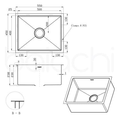 Baiachi 550x450 Handmade Kitchen and Laundry Stainless Steel Sink Single Bowl Top Undermount Brushed Copper