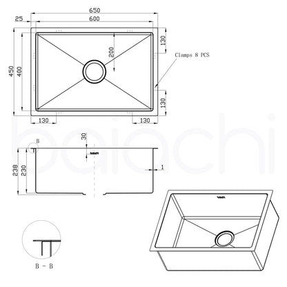 Baiachi 650x450 Handmade Kitchen and Laundry Stainless Steel Sink Single Bowl Top Undermount Brushed Copper