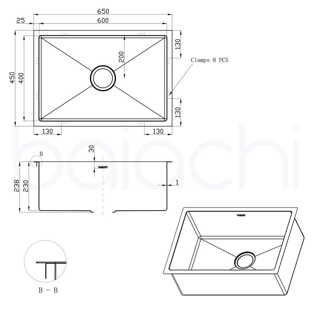 Baiachi 650x450 Handmade Kitchen and Laundry Stainless Steel Sink Single Bowl Top Undermount Antique Bronze
