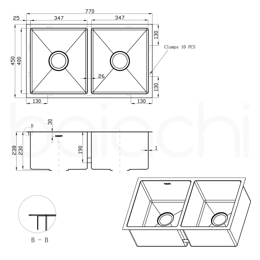 Baiachi 770x450 Handmade Kitchen and Laundry Stainless Steel Sink Double Bowl Top Undermount