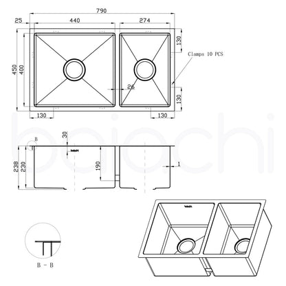 Baiachi 790x450 Handmade Kitchen and Laundry Stainless Steel Sink Double Bowl Top Undermount Brushed Gold