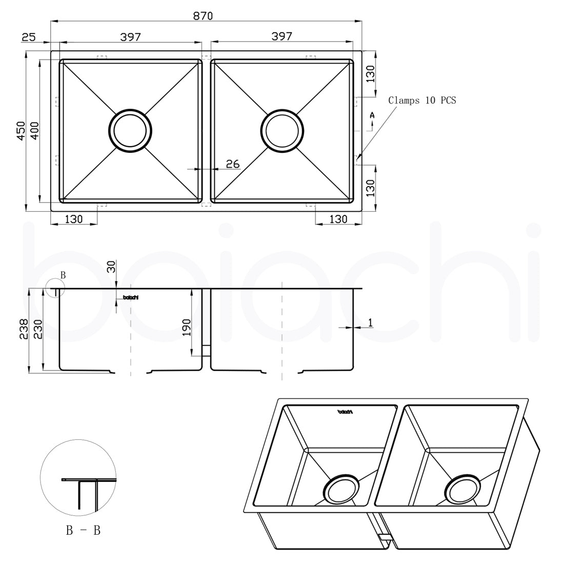 Baiachi 870x450 Handmade Kitchen and Laundry Stainless Steel Sink Double Bowl Top Undermount