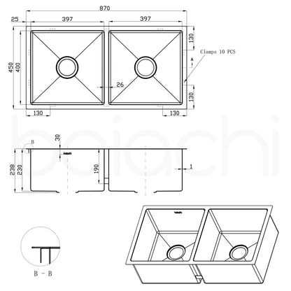 Baiachi 870x450 Handmade Kitchen and Laundry Stainless Steel Sink Double Bowl Top Undermount