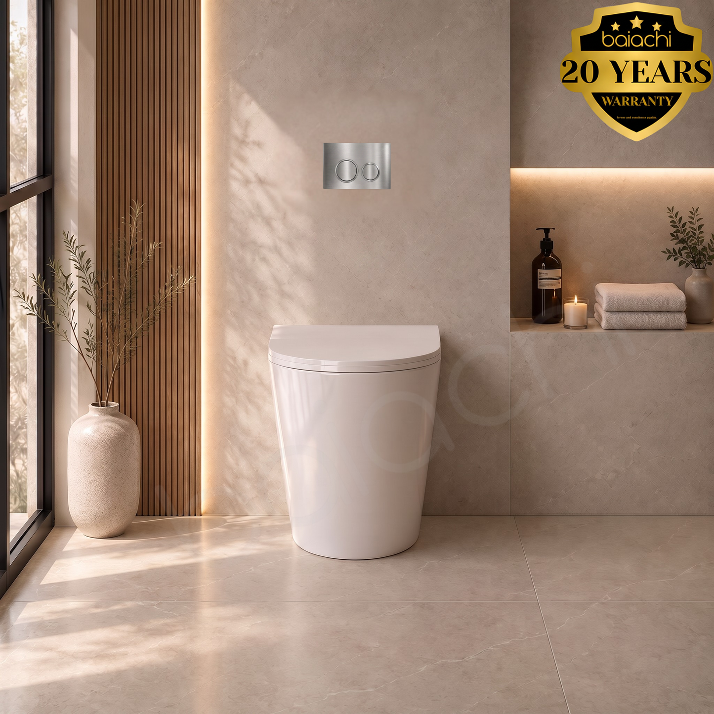 Ballina Rimless In Wall Toilet Suite with Round Brushed Nickel Flushing Buttons