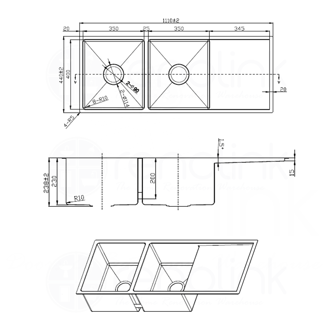 1110X440 Handmade Laundry Kitchen Sink Top/Under Mount Gun Metal