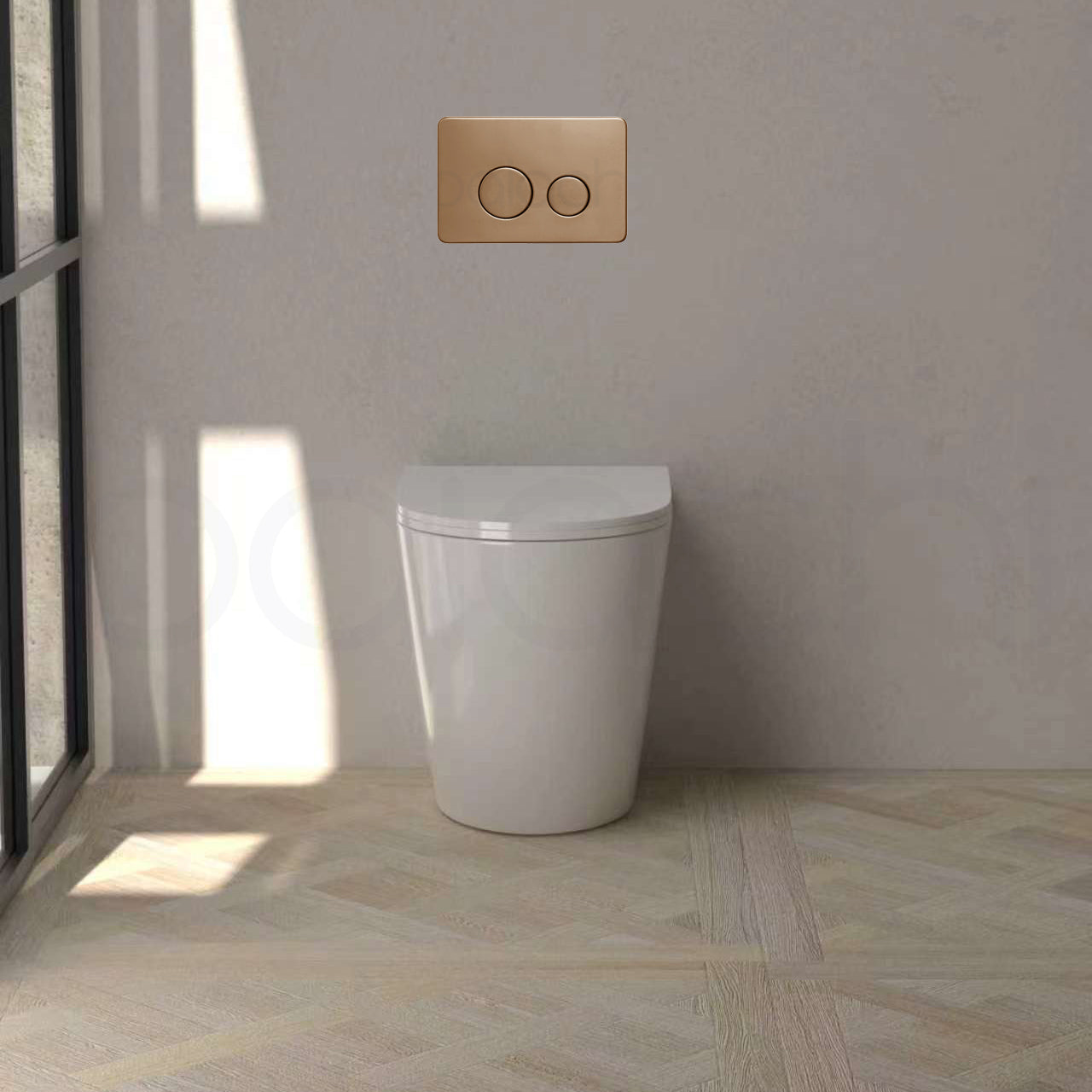 Baiachi Involution Rimless In Wall Tornado Toilet Suite with Round Stainless Steel Brushed Copper Flushing Buttons