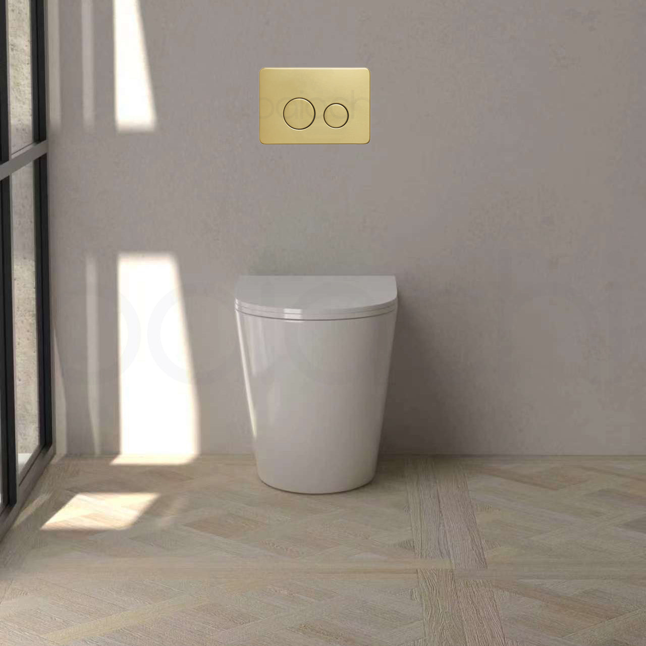 Baiachi Involution Rimless In Wall Tornado Toilet Suite with Round Stainless Steel Brushed Gold Flushing Buttons BTW2