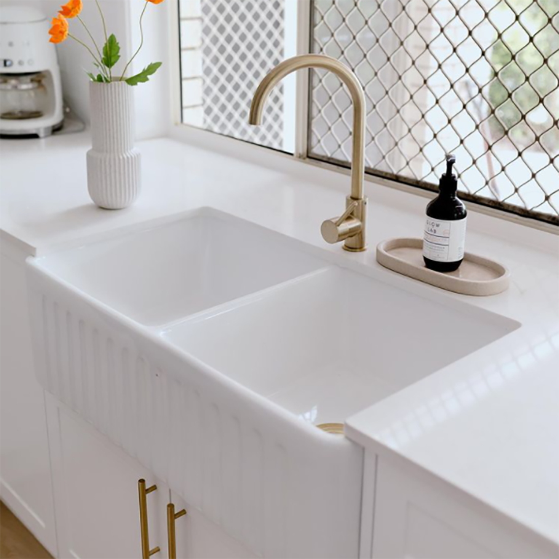 Baiachi 845X455X255mm Butler Farmhouse Fireclay Kitchen Laundry Sink Brushed Gold Waste
