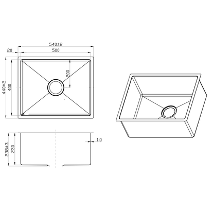 540X440mm Handmade Laundry Kitchen Sink Top/Under Mount Stainless Steel
