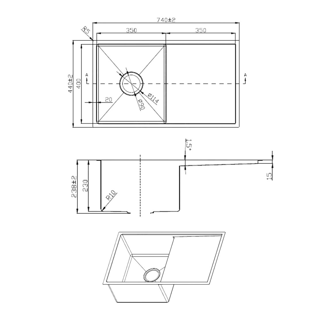 740X440mm Handmade Laundry Kitchen Sink Top/Under Mount Stainless Steel