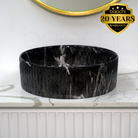 Baiachi 400mm Ceramic Above Counter Fluted Basin Calacatta Black Night
