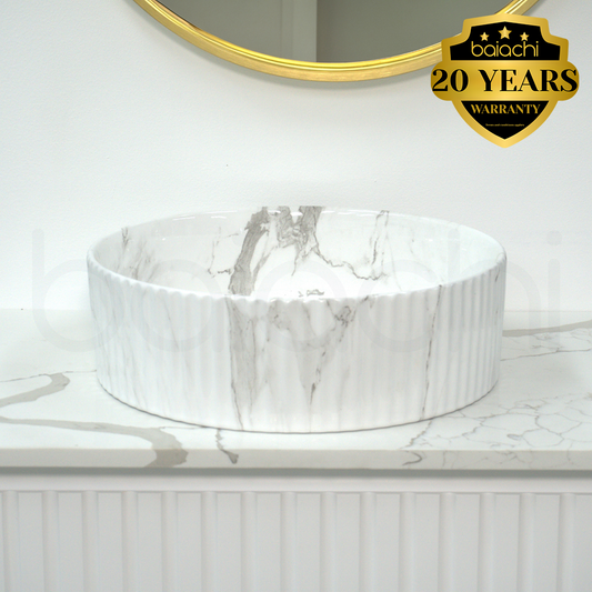 Baiachi 400mm Ceramic Above Counter Fluted Basin Calacatta Borghini