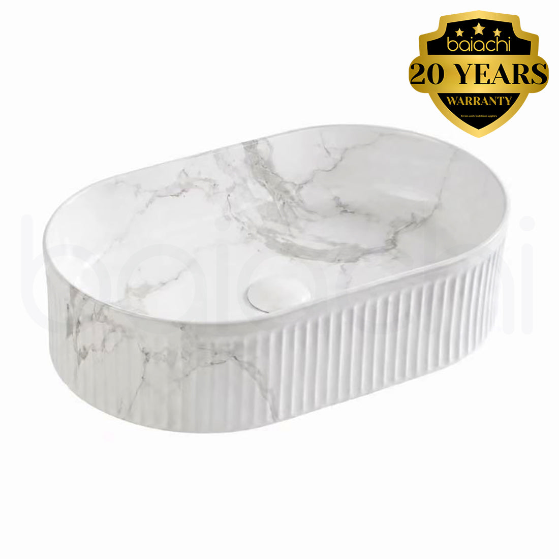 Baiachi 490x310mm Ceramic Above Counter Fluted Basin Calacatta Borghini