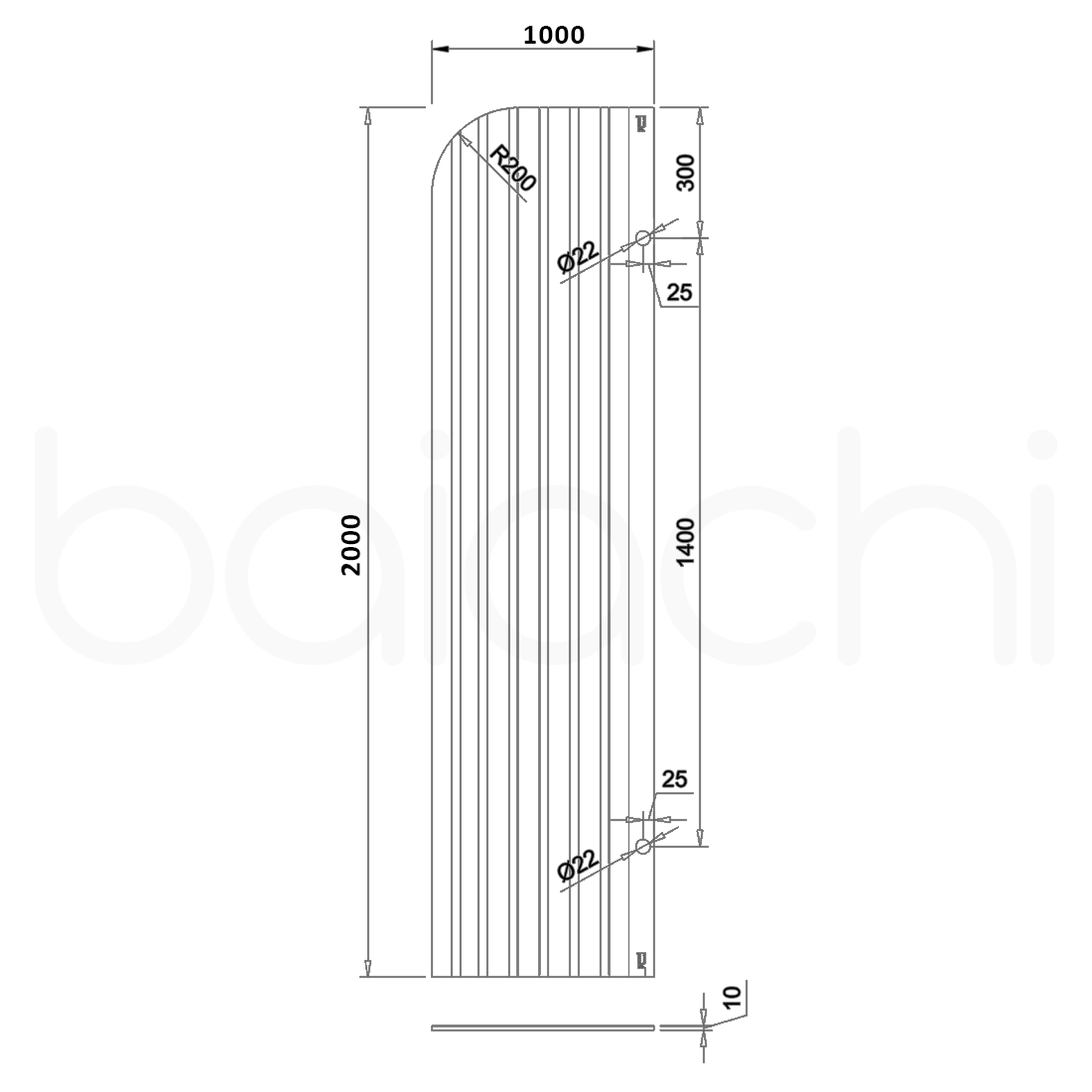 Baiachi 1000mm Curved Fluted Glass Fixed Panel Shower Screen Matte Black Left