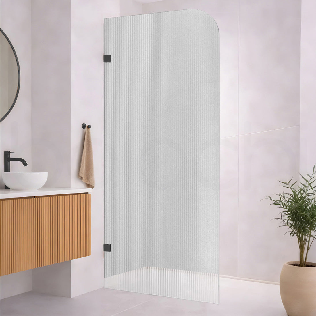 Baiachi 1000mm Curved Fluted Glass Fixed Panel Shower Screen Matte Black Left