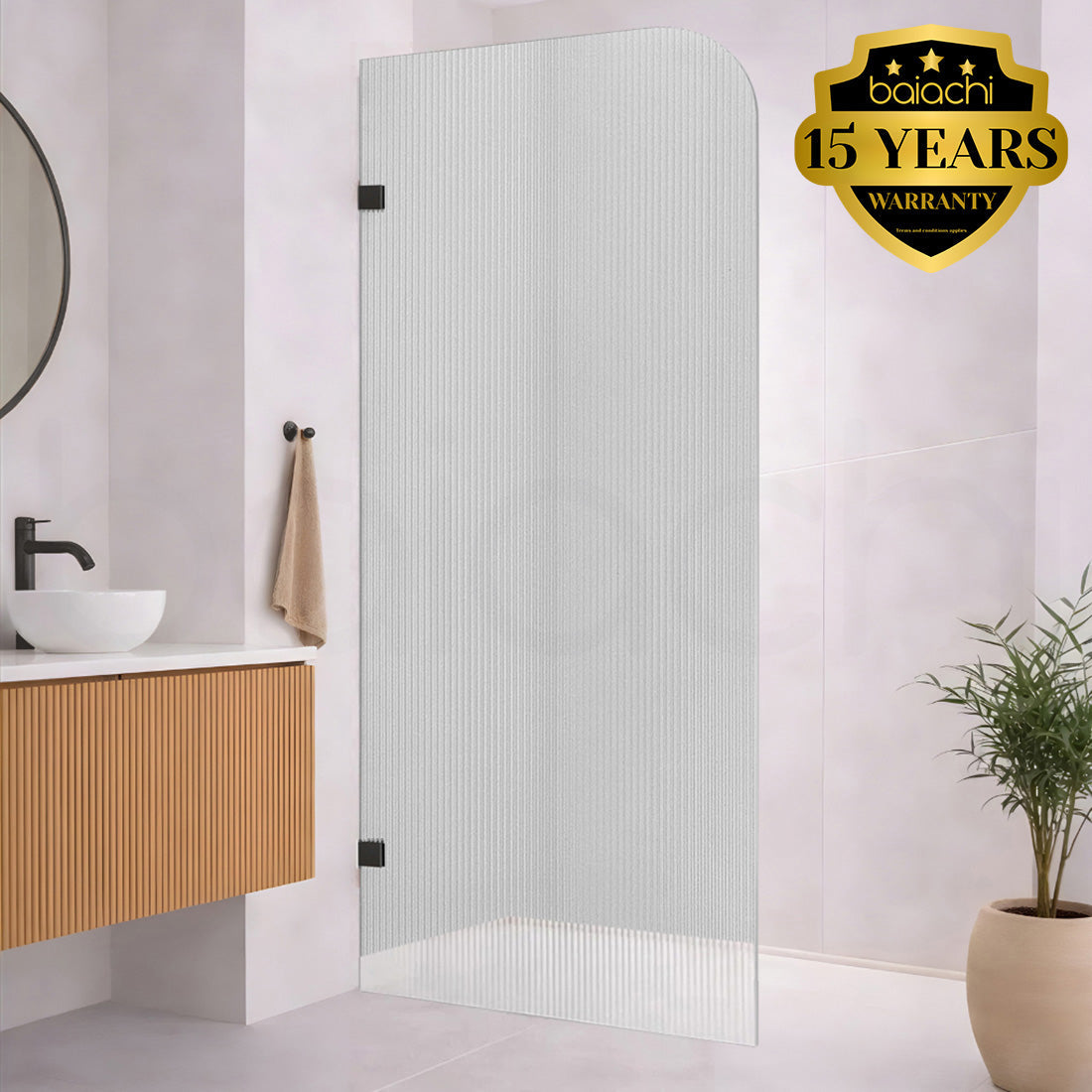 Baiachi 800mm Curved Fluted Glass Fixed Panel Shower Screen Antique Bronze Right