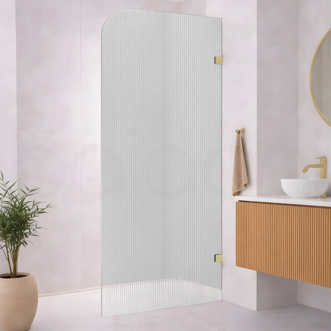 Baiachi 1000mm Curved Fluted Glass Fixed Panel Shower Screen Brushed Gold Right