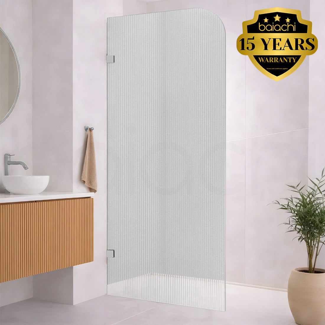 Baiachi 800mm Curved Fluted Glass Fixed Panel Shower Screen Chrome Right