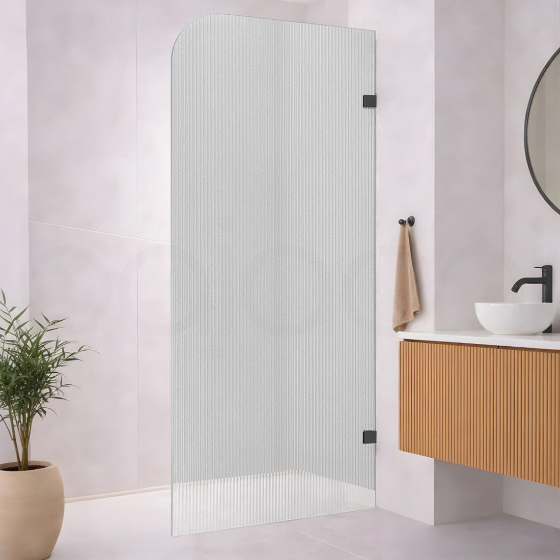 Baiachi 900mm Curved Fluted Glass Fixed Panel Shower Screen Matte Black Right