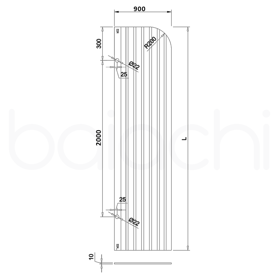 Baiachi 900mm Curved Fluted Glass Fixed Panel Shower Screen Brushed Nickel Right