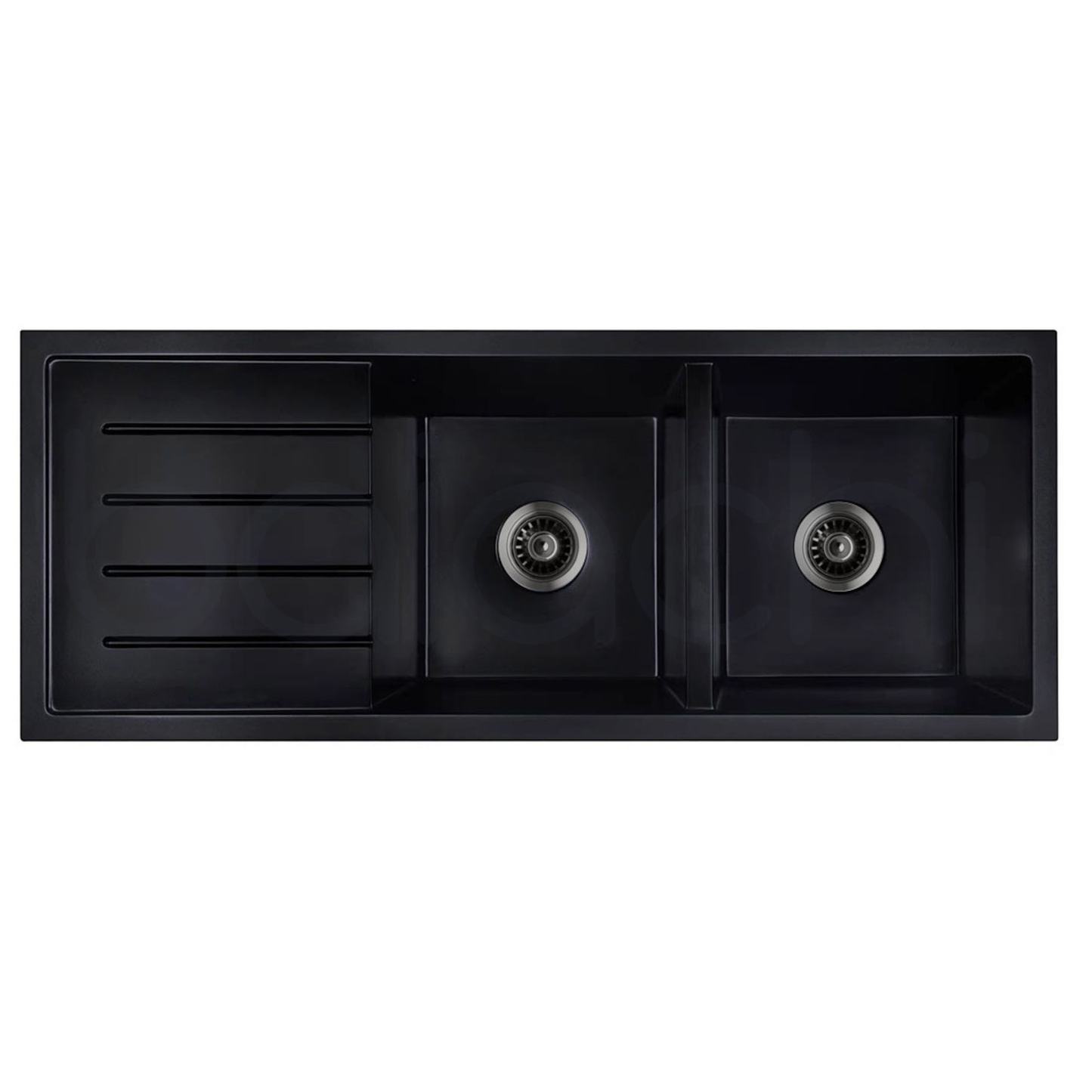 Baiachi 1160 x 450 Double Bowl and Drainer Granite Kitchen Sink Black with Brushed Gold Waste