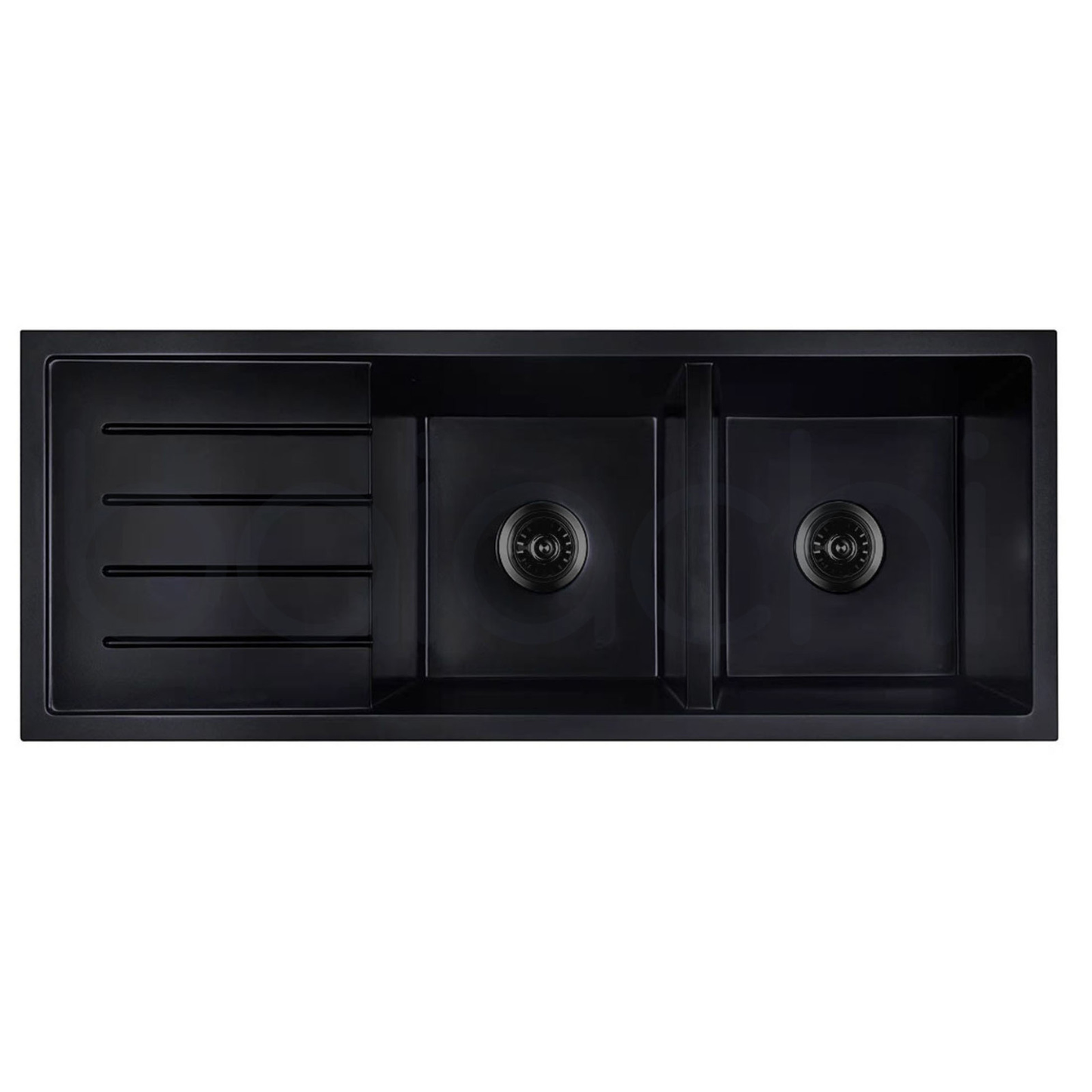 Baiachi 1160 x 450 Double Bowl and Drainer Granite Kitchen Sink Black with Brushed Gold Waste