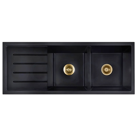 Baiachi Double Bowl and Drainer Granite Kitchen Sink Black with Brushed Gold Waste
