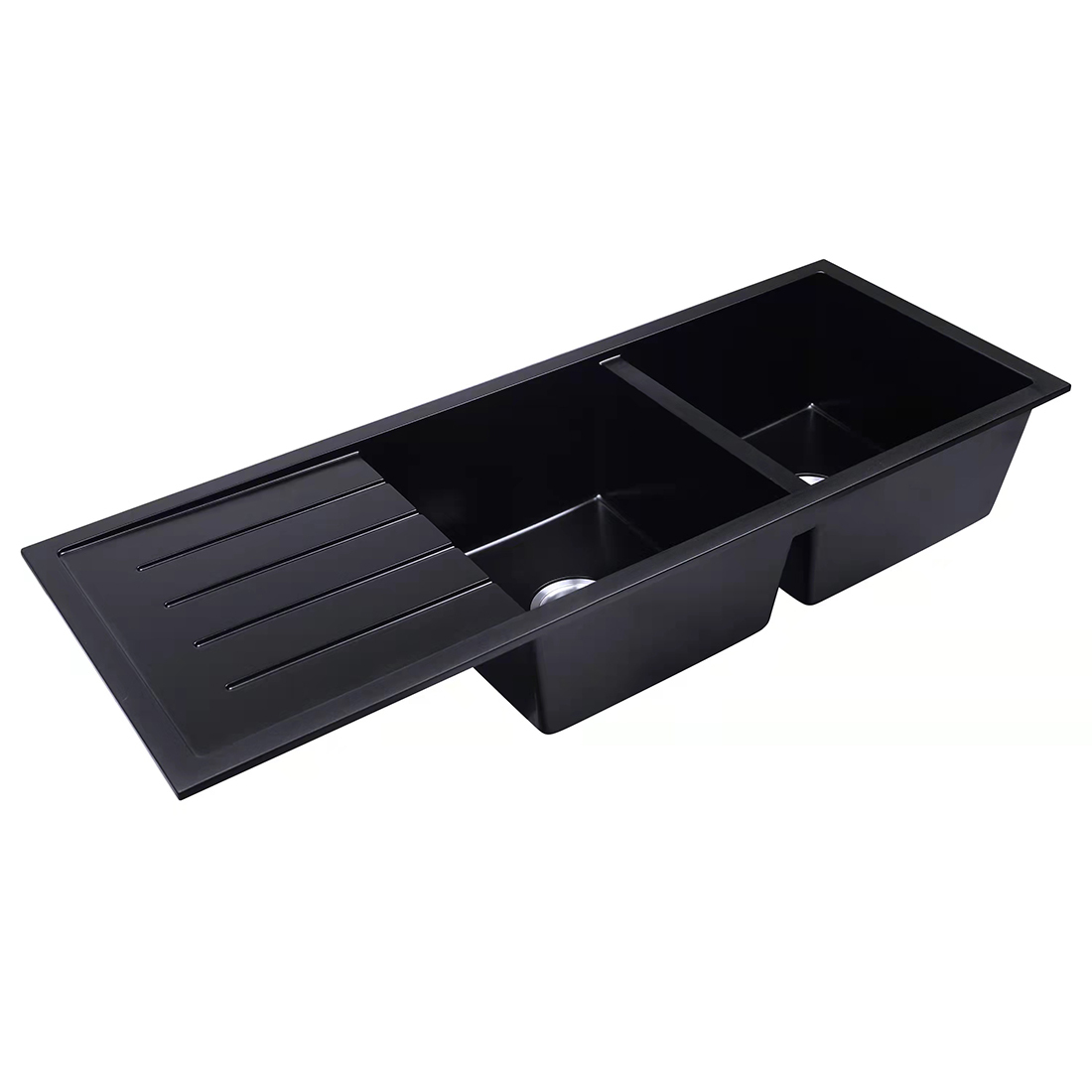 Baiachi 1160 x 450 Double Bowl and Drainer Granite Kitchen Sink Black with Brushed Gold Waste