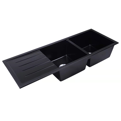 Baiachi 1160 x 450 Double Bowl and Drainer Granite Kitchen Sink Black with Brushed Gold Waste