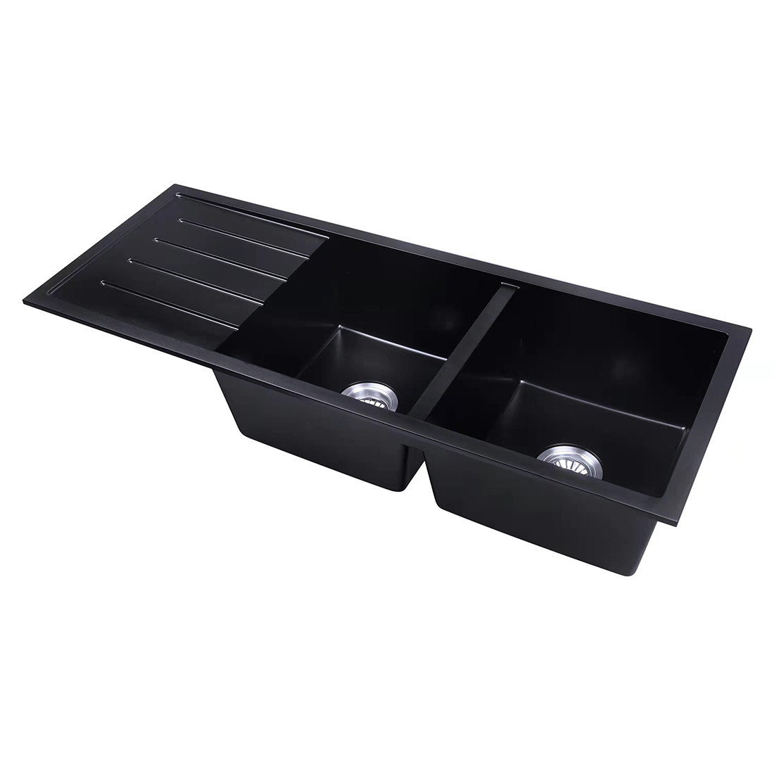 Baiachi 1160 x 450 Double Bowl and Drainer Granite Kitchen Sink Black with Black Waste