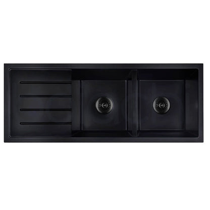 Baiachi 1160 x 450 Double Bowl and Drainer Granite Kitchen Sink Black with Black Waste
