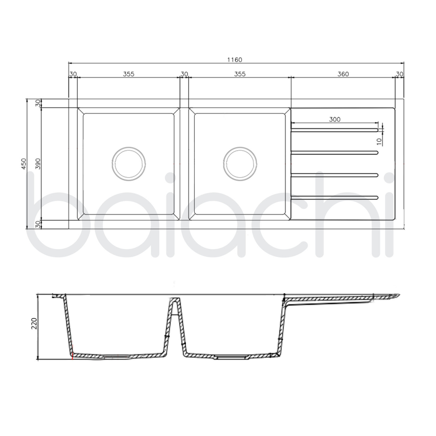 Baiachi 1160 x 450 Double Bowl and Drainer Granite Kitchen Sink Black with Black Waste