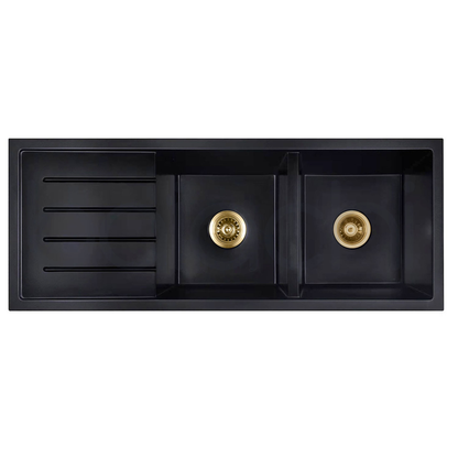 Baiachi 1160 x 450 Double Bowl and Drainer Granite Kitchen Sink Black with Gun metal Waste