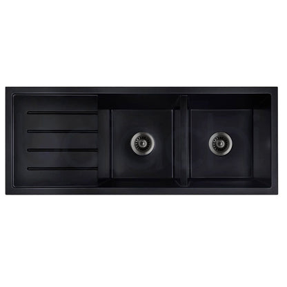 Baiachi 1160 x 450 Double Bowl and Drainer Granite Kitchen Sink Black with Gun metal Waste