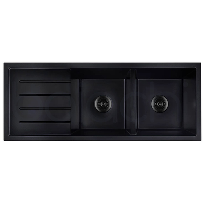 Baiachi 1160 x 450 Double Bowl and Drainer Granite Kitchen Sink Black with Gun metal Waste