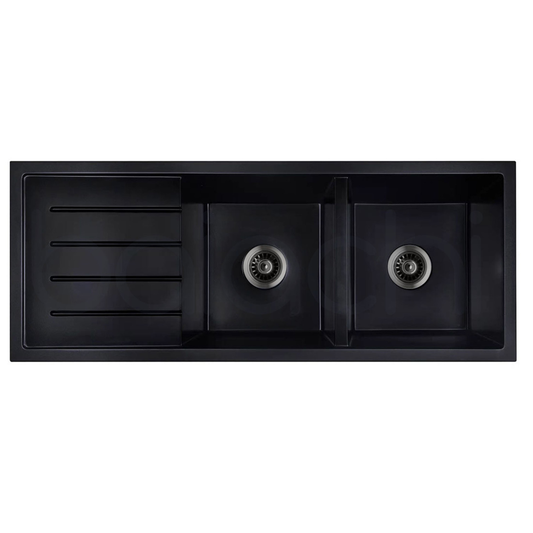 Baiachi Double Bowl and Drainer Granite Kitchen Sink Black with Gun metal Waste
