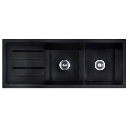 Baiachi 1160 x 450 Double Bowl and Drainer Granite Kitchen Sink Black with Stainless Steel Waste