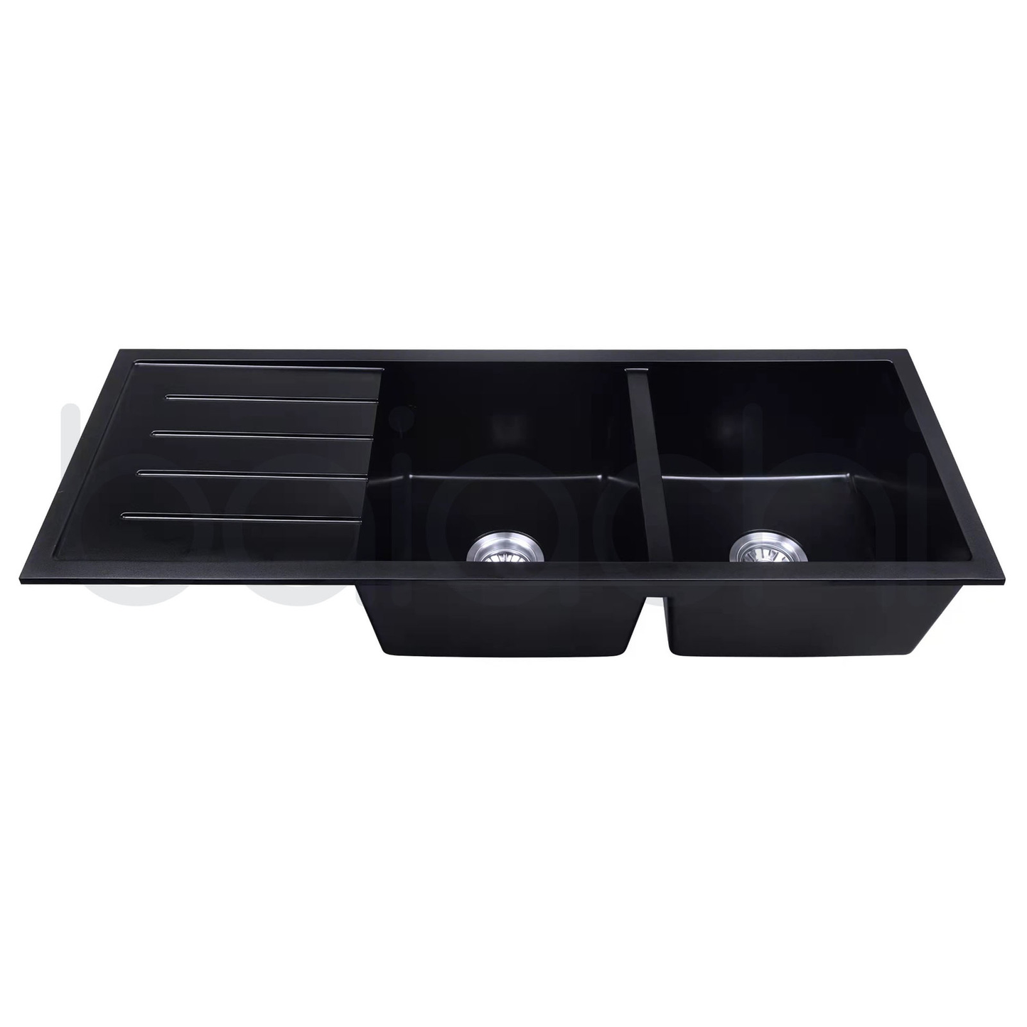 Baiachi 1160 x 450 Double Bowl and Drainer Granite Kitchen Sink Black with Antique Bronze Waste