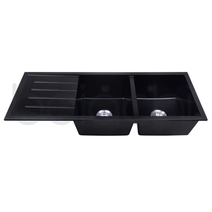 Baiachi 1160 x 450 Double Bowl and Drainer Granite Kitchen Sink Black with Antique Bronze Waste
