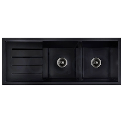 Baiachi 1160 x 450 Double Bowl and Drainer Granite Kitchen Sink Black with Stainless Steel Waste