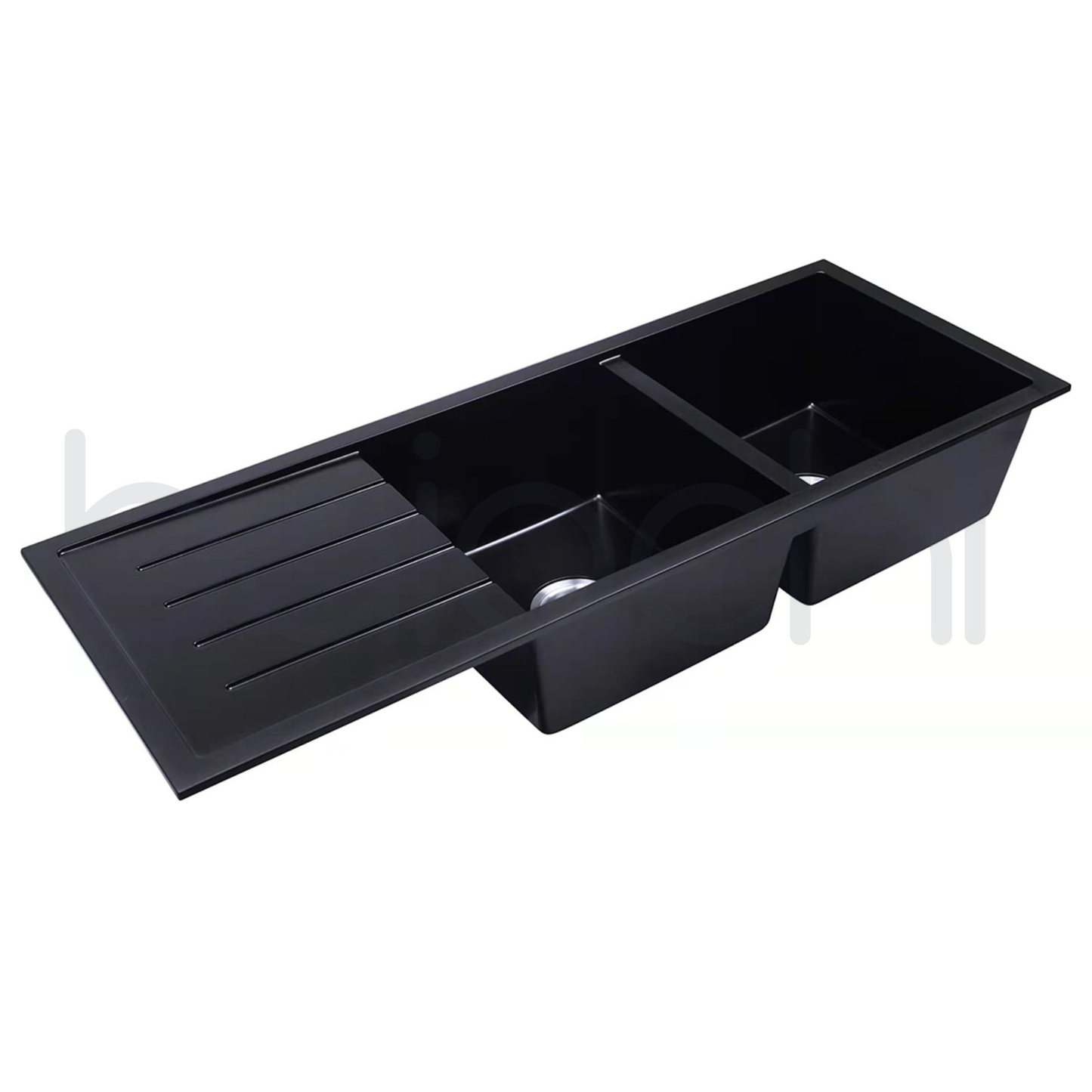 Baiachi 1160 x 450 Double Bowl and Drainer Granite Kitchen Sink Black with Antique Bronze Waste